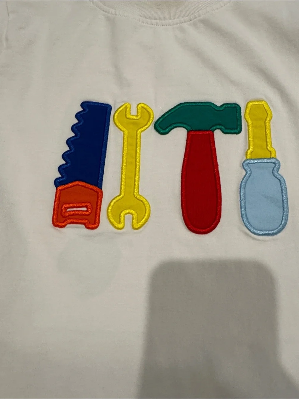 White Tool Appliqué Kids Matching Set with Green Striped Shorts